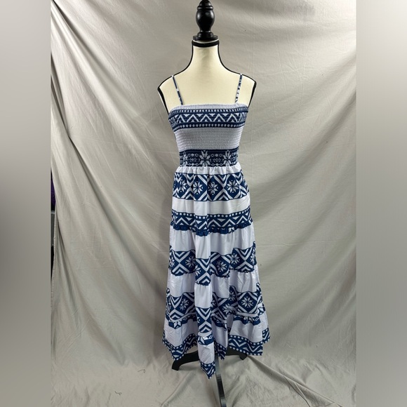 Boho Geo Print Ruffle Hem Cami Dress White/Blue - Picture 6 of 9